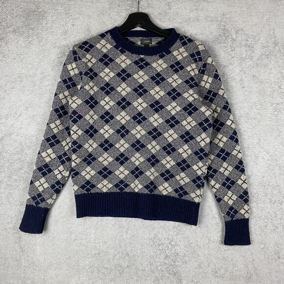 J.Crew Sweater Mens Small Navy Blue Cream Argyle Lambswool Crewneck Pullover - Picture 1 of 16